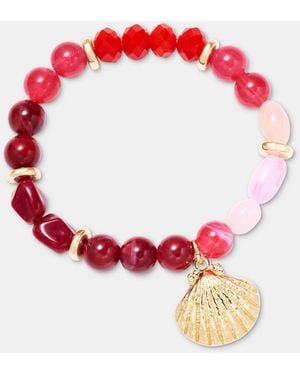 On 34th Beaded Shell Charm Stretch Bracelet - Red