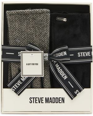 Steve Madden 2-piece Herringbone And Faux Leather Glove Set - Black