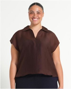 Estelle Kelly Sheer Collared V-neck Short Sleeve Top - Brown