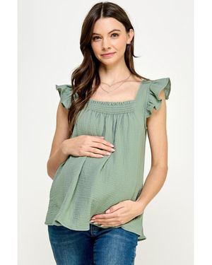 Hello Miss Maternity Cotton Smocked Flutter Sleeve Blouse - Green