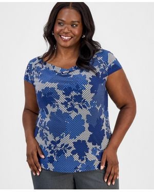 Kasper Plus Size Cowlneck Cap-sleeve Top - Blue