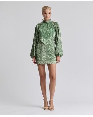 Avec Les Filles Printed Satin High Neck Scarf Mini Dress - Green