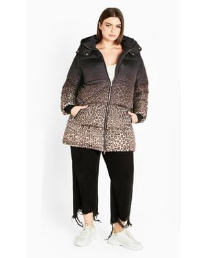 Avenue Plus Size Indi Print Puffer Jacket - Black
