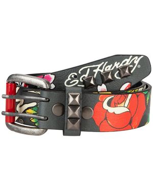 Ed Hardy My True Love Tattoo Print Chrome Red Roller Buckle Belt - Black