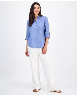 Charter Club Petite 100% Linen Button-front Shirt - Blue