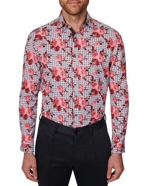 Society of Threads Slim Fit Non-iron Floral-print Performance Stretch Dress Shirt - Red