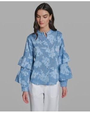 KARL LAGERFELD Petite Printed Mock Neck Blouse - Blue