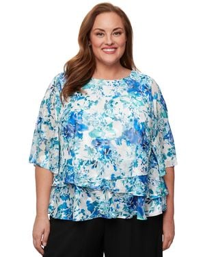 Alex Evenings Plus Size Printed Chiffon 3/4-sleeve Blouse - Blue
