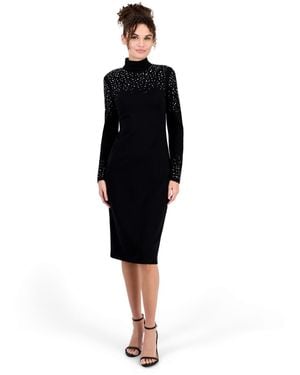 Anne Klein Serenity Mock Neck Embellished Long Sleeve Midi Dress - Black