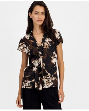 BarIII Tie-neck Short-flutter-sleeve Blouse - Black
