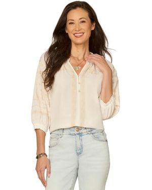 Democracy Petite 3/4-length Blouson Sleeve V-neck Top - White