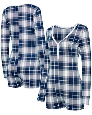 Concepts Sport New York Yankees Ashford Plaid V-neck Knit Romper - Blue