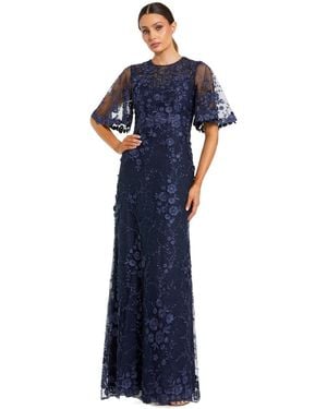Mac Duggal Petite Flutter Sleeve Floral Embroidered Net Gown - Blue