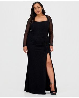 City Studios Trendy Plus Size Mesh-sleeve High-slit Gown - Black