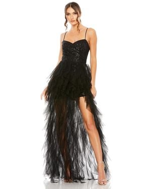 Mac Duggal Ieena Sequin Mini Dress With High Low Ruffle Tiered Train - Black