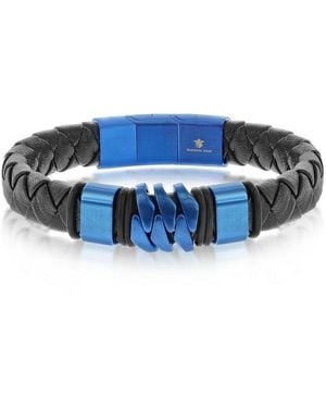 Metallo Stainless Steel Genuine Black Leather Bracelet - Blue