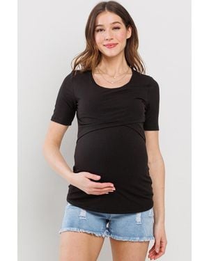 Hello Miss Maternity Short Sleeve Ribbed Crossover Nursing T-shirt - Black