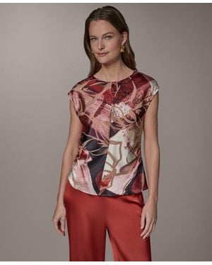 Donna Karan Abstract Geo Print Burnout Cap Sleeve Top - Red