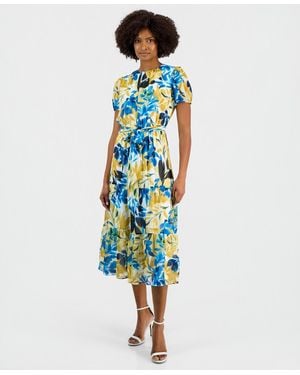 Kasper Short-sleeve Printed Tiered Midi Dress - Blue