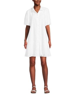 Lands' End Elbow Sleeve Eyelet Knee Length Shirt Dress - White