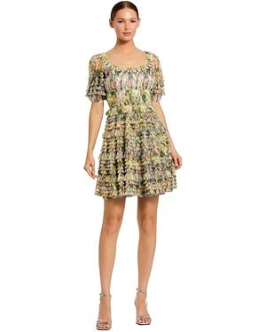 Mac Duggal Floral Mesh Puff Sleeve Ruffle Mini Dress - Yellow