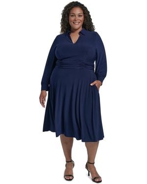 Jessica Howard Plus Size Ruched Long-sleeve A-line Midi Dress - Blue