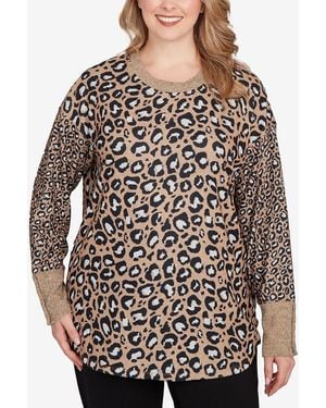 Ruby Rd. Plus Size Sweater Trimmed Cozy Animal Print Top - Black