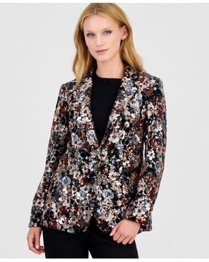 Anne Klein Floral Sequin One-button Blazer - Black