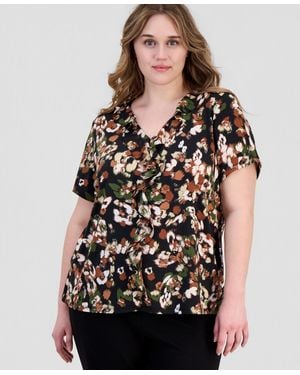 Anne Klein Essentials Plus Printed Ruffle-trim Short-sleeve Top - Black