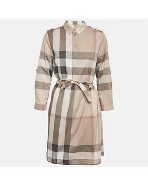 Pre-owned Burberry Beige Checkered Print Cotton Mini Shirt Dress - Natural