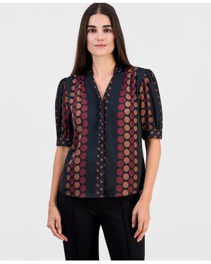 Tahari Printed Split-neck Button-down Blouse - Blue