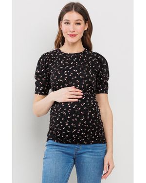 Hello Miss Maternity Floral Ribbed Ruched Puff-sleeve Fitted Top - Black
