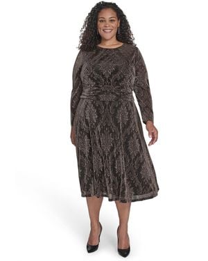 Jessica Howard Plus Size Ruched Waist Jewel Neck Midi Dress - Gray