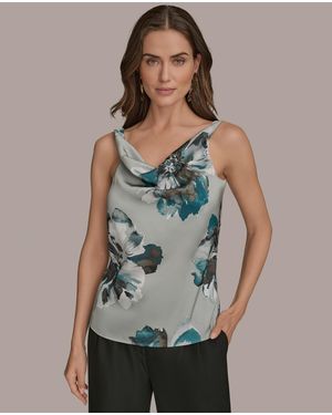 Donna Karan Printed Cowlneck Satin Tank Top - Gray