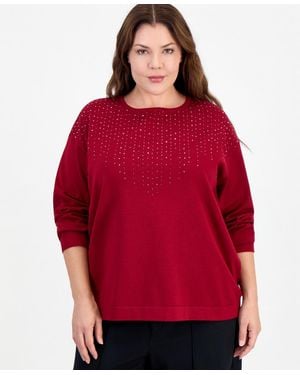 Anne Klein Essentials Plus Size Long-sleeve Boat Neck Embellished Sweater - Red