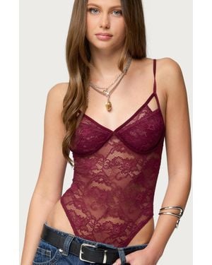 Edikted Strappy Sheer Lace Bodysuit - Purple