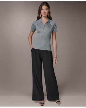Donna Karan Petite Short-sleeve Polo Sweater Top - Gray