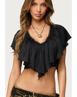 Edikted Deena Ruffled V Neck Top - Black
