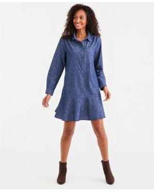 Style & Co. Style Co Long Sleeve Peplum Cotton Shirt Dress Macys Exclusive - Blue