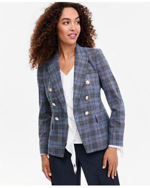 Tahari Plaid Double-breasted Blazer - Blue