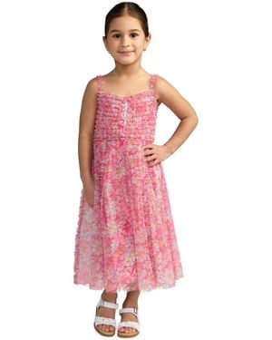 Mac Duggal Big Girls Mesh V-neck Floral Print Mini Dress - Pink