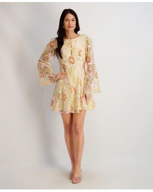 Kensie Embroidered Keyhole Neck Mesh Dress - Natural