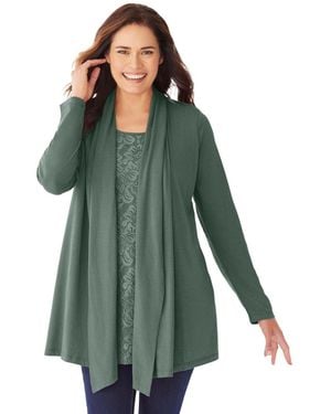 Woman Within Plus Size Within 2-fer Cardigan & Attached Lace Tunic - Green