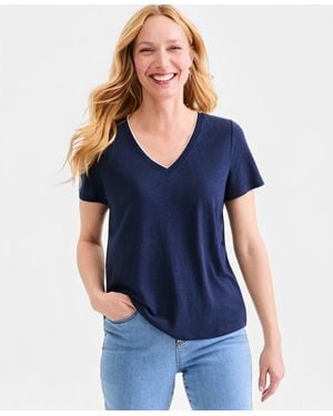 Style & Co. Linen Blend V-neck Short-sleeve Top - Blue