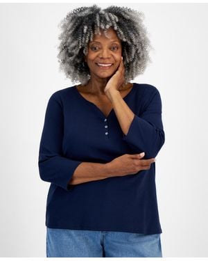 Style & Co. Plus Size 3/4-sleeve Cotton Henley Top - Blue