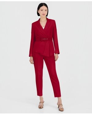 Tahari Belted Asymmetrical Jacket & Slim-fit Pantsuit Set - Red