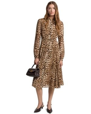 Michael Kors Michael Leopard-print Puffed-sleeve Fit & Flare Midi Shirt Dress - Brown