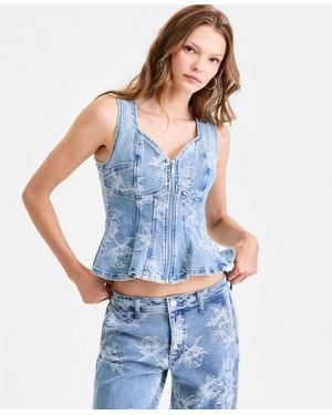 Guess Anika Sleeveless Printed Denim Peplum Top - Blue