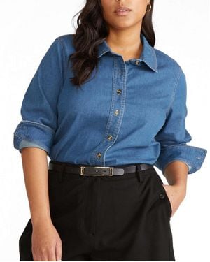 UNIVERSAL STANDARD Plus Size Minimalist Stretch Cotton Chambray Shirt - Blue