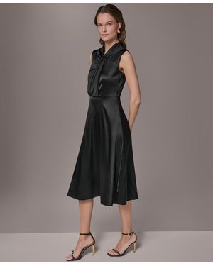 donna karan new york women's dot-print tie-neck a-line dress Satin Polka Dot Tie Neck Midi Dress | A-Line Dress